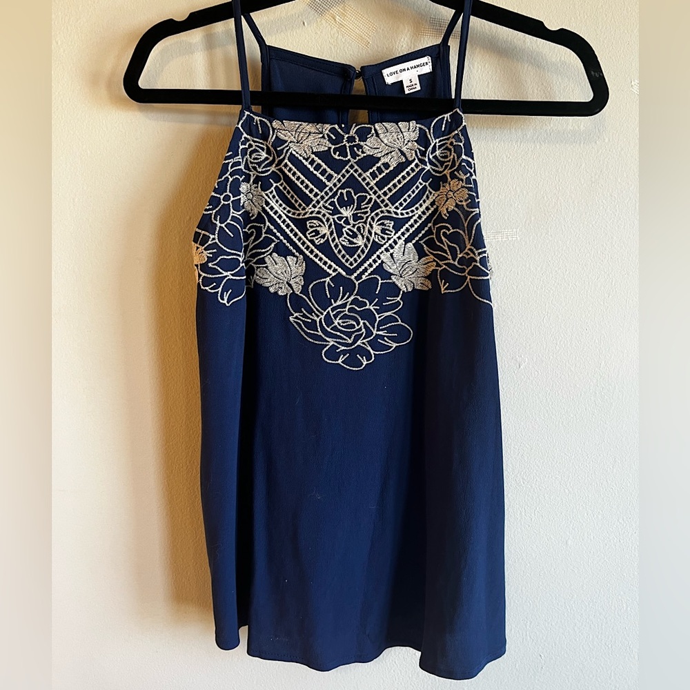 Love On A Hanger Embroidered Navy Blue Floral A-Line Babydoll Sleeveless Blouse